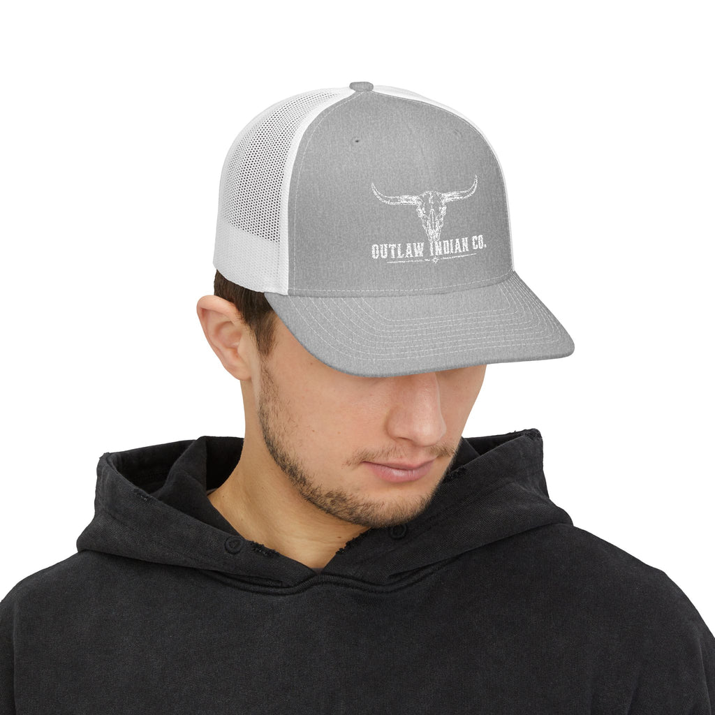 Outlaw Indian Co. Skull Trucker Cap — Distressed Western Snapback Hat