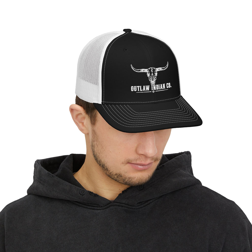 Outlaw Indian Co. Skull Trucker Cap — Distressed Western Snapback Hat