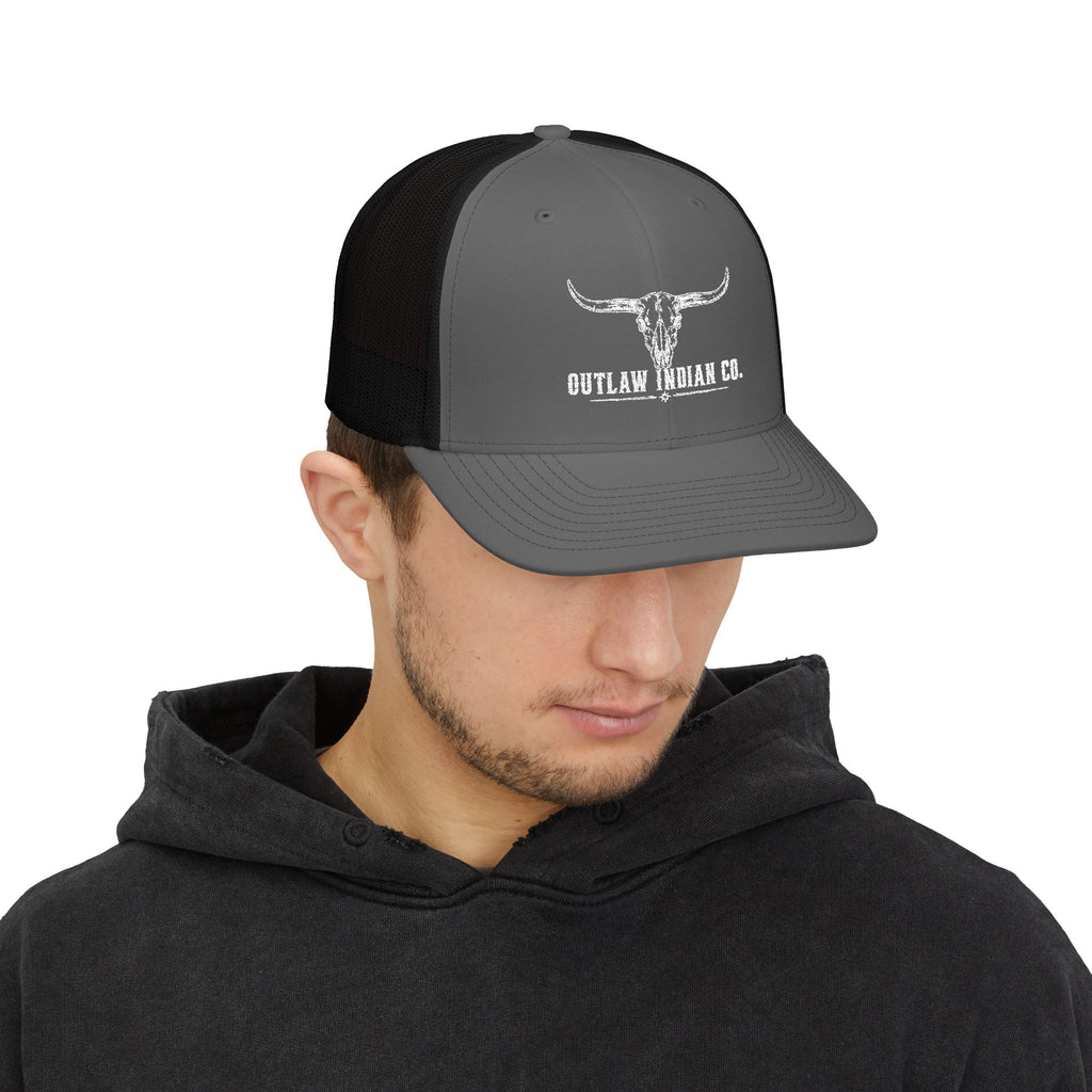 Outlaw Indian Co. Skull Trucker Cap — Distressed Western Snapback Hat