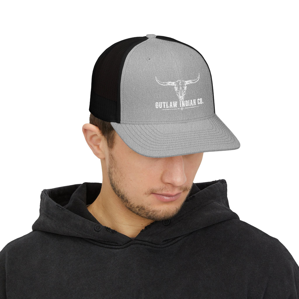 Outlaw Indian Co. Skull Trucker Cap — Distressed Western Snapback Hat