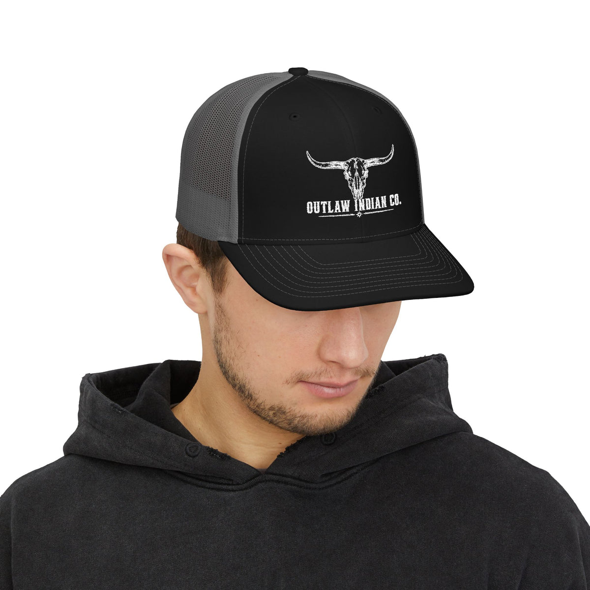 Outlaw Indian Co. Skull Trucker Cap — Distressed Western Snapback Hat