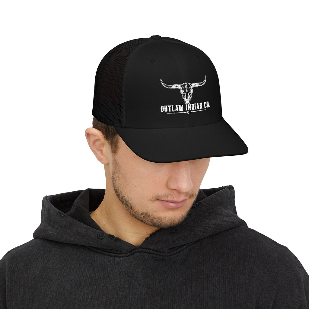 Outlaw Indian Co. Skull Trucker Cap — Distressed Western Snapback Hat