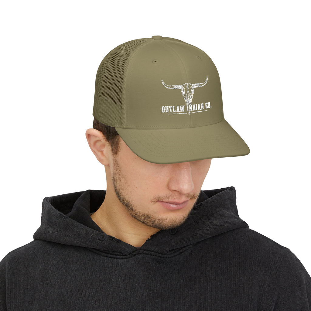 Outlaw Indian Co. Skull Trucker Cap — Distressed Western Snapback Hat